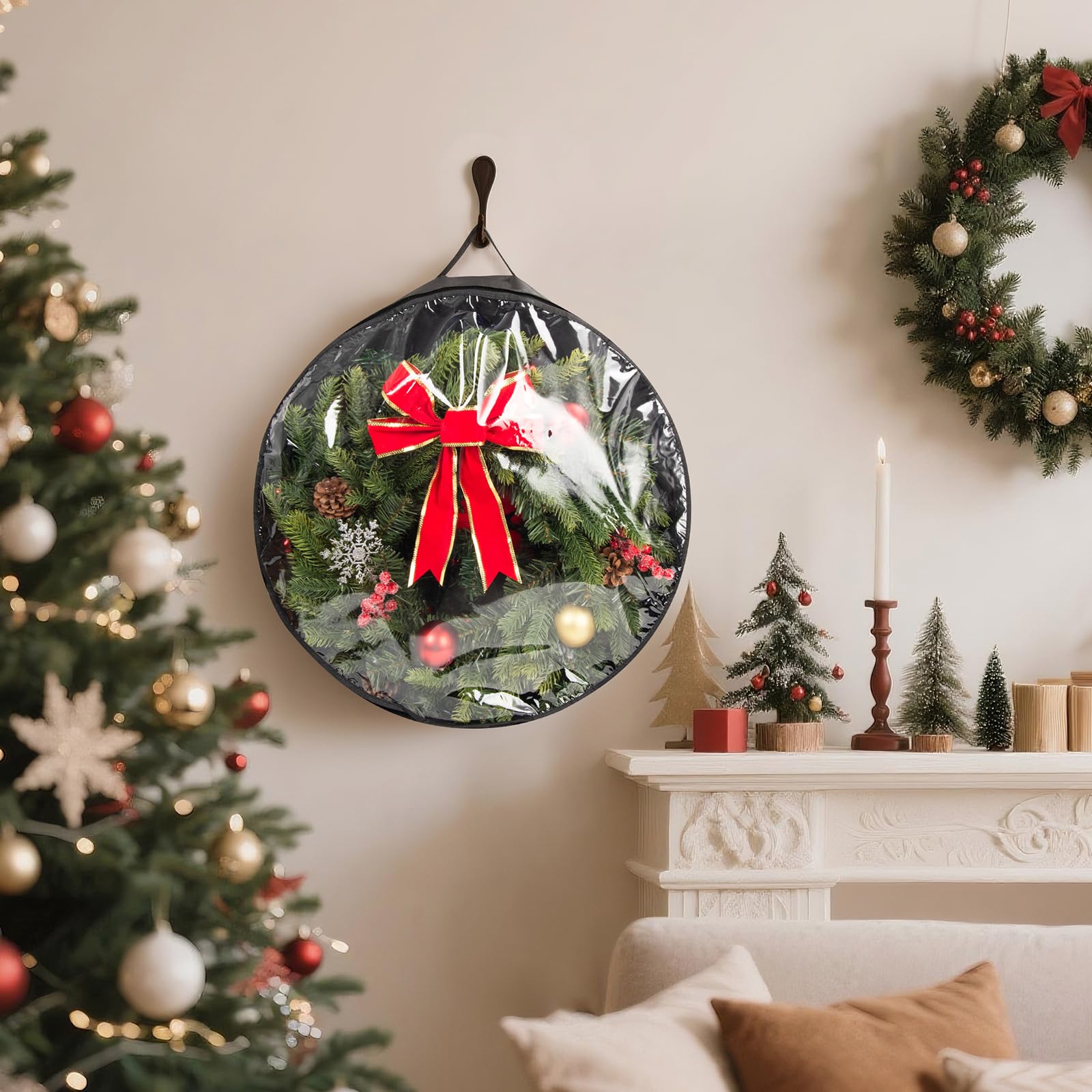 Weihnachtskranz-Aufbewahrungstaschen mit transparentem Fenster, wasserdicht, schwarz, PE/PVC, Urlaubsdekor, Organizer für Girlande, Ornamente, Reißverschluss und Griff (61 x 20 cm)
