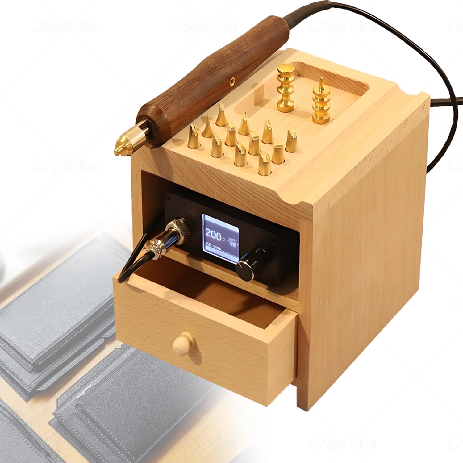Rifinitore per bordi in pelle con display digitale della temperatura, pressa a caldo da 75 W per sigillare e timbrare i bordi, include scatola di legno e 14 accessori