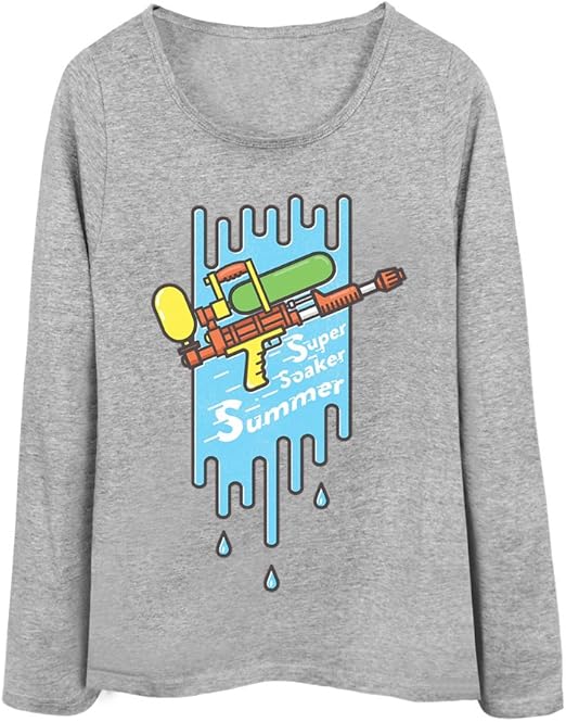 Amazon ノーブランド品 全9カラー レディース 長袖tシャツ 水鉄砲 水遊び イラスト 杢グレーmサイズ オリジナルプリント 通販