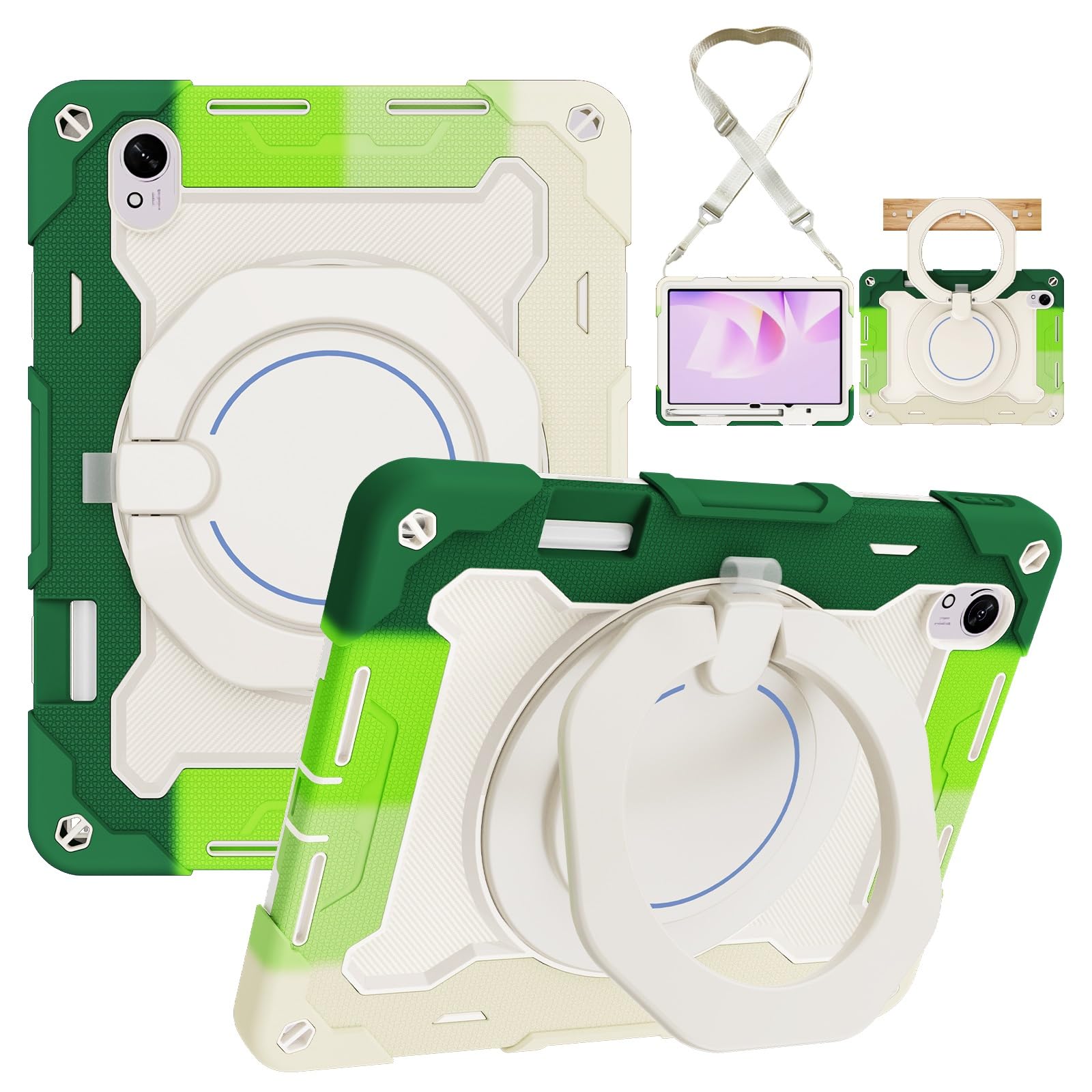 Pełne etui ochronne, wytrzymałe etui ochronne do Huawei Matepad Air 29.9 cm, obrotowy stojak o 360°, pasek na ramię, uchwyt na ołówki i pierścień na uchwyt, odporne na wstrząsy, dla dzieci i dorosłych