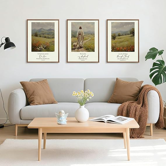 Celestdeco Framed Wall Art with Bible Verses Vintage Jesus and the 99 Sheep Canvas Picture Religious Flowers Wall Pictures with Frame Landscape Motifs for Living Room Bedroom Office 30 x 40 cm