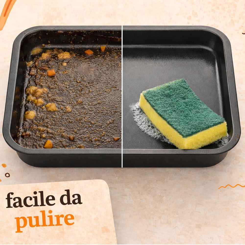 BAKAJI Set 4 Teglie Vulcano Rettangolari da 20-25 - 30-35 cm da Forno con Maniglie e Fondo Antiaderente e Cottura Omogenea, Teglia Ideale per Cucinare Rapidamente Lasagne, Dolci, Facile da Pulire