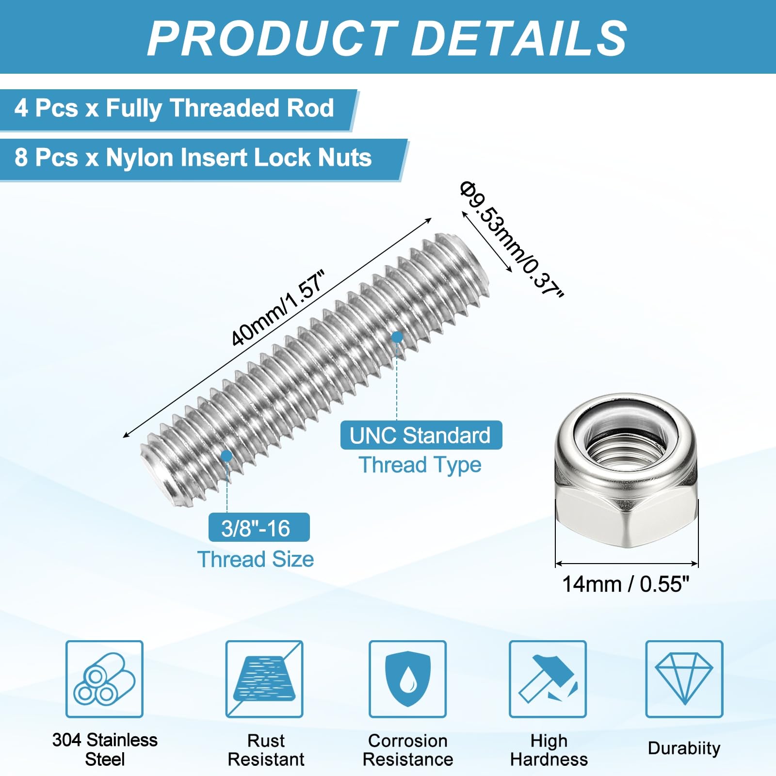 PATIKIL 4Pcs 3/8"-16x40mm Threaded Rods with Hex Nuts - Image 2