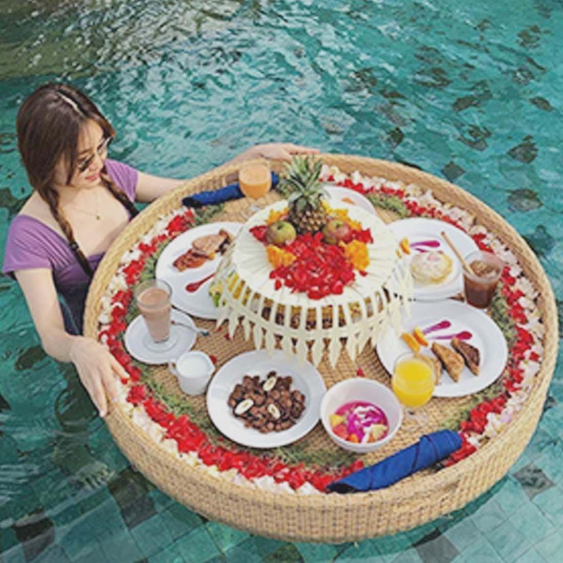 Prettiee Waterproof Bamboo Serving Tray Outdoor Food Tray for Poolside or Breakfast Slish Design for Entertaining and Dining. (Albaricoque 80 cm)