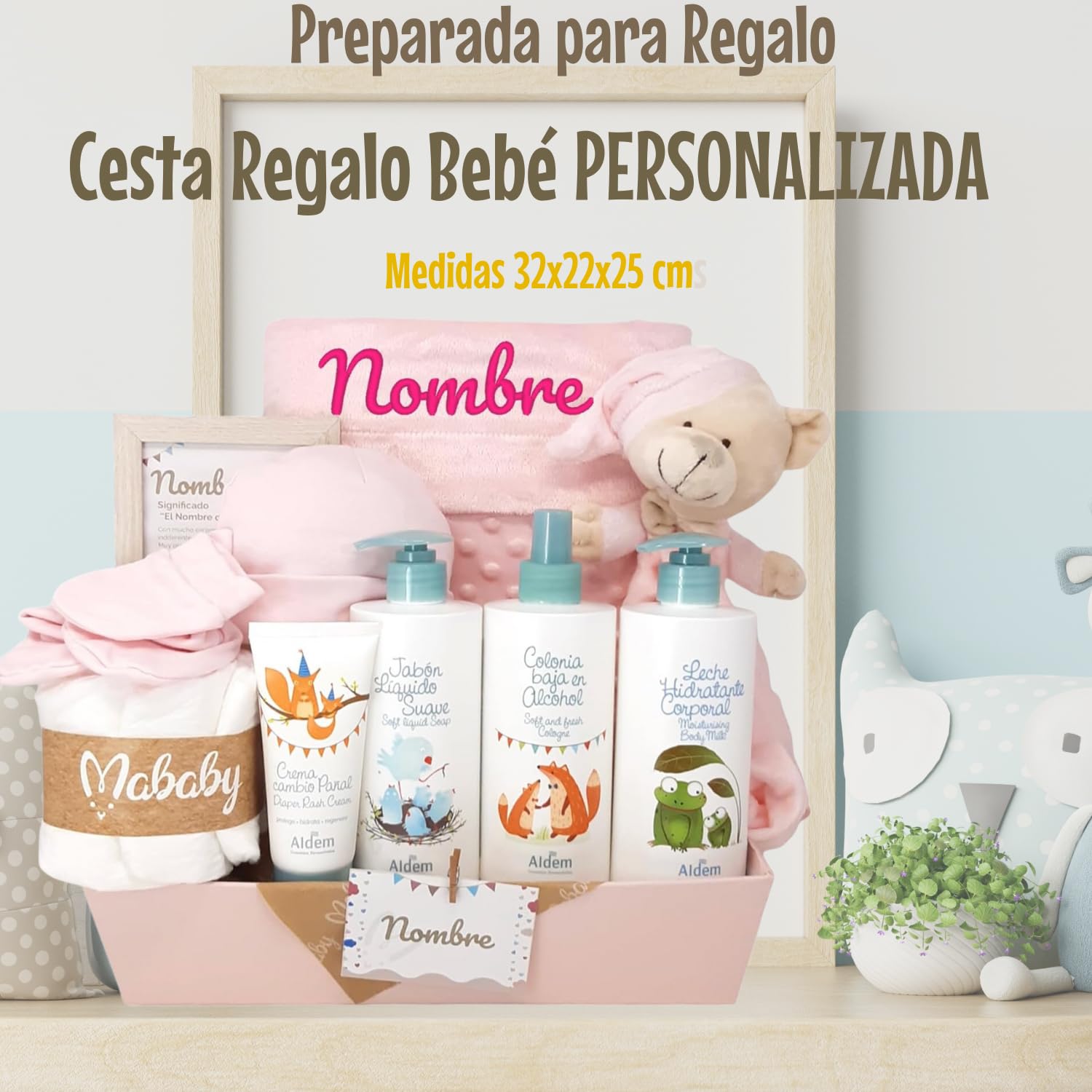 Canastilla Regalo Bebé Personalizada Bubble Aldem con Manta Bordada, Dou Dou, Set de Primera Puesta, Pastel de Pañales, Marco con Significado del Nombre y Set de Higiene para Bebé (Azul)