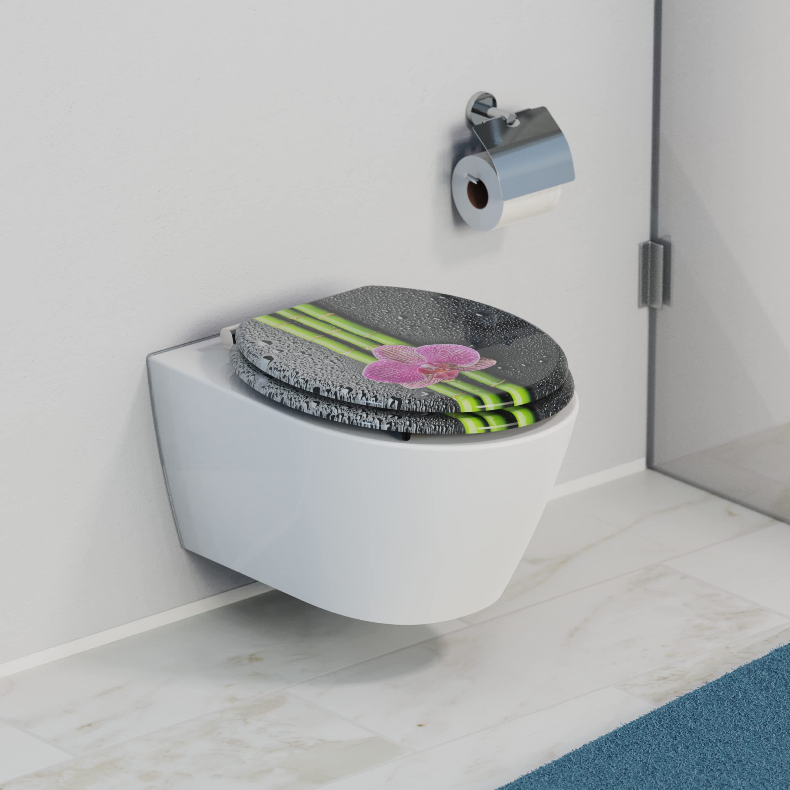 Schütte ASIA 80121, Abattant WC avec noyau en bois (MDF) et système d'abaissement automatique, motif de fleurs imprimé sur 3 faces, compatible avec toutes les cuvettes WC standard