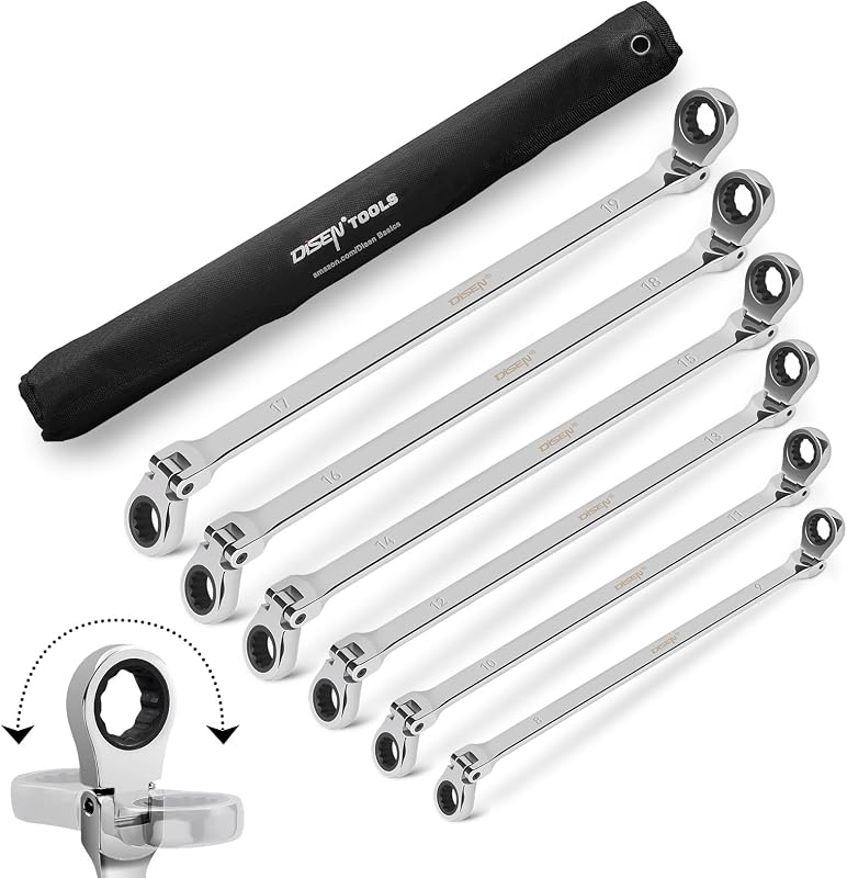 DISEN 6PCS Extra Long Double Box End Ratchet Wrench Set 8-19mm with Pouch
