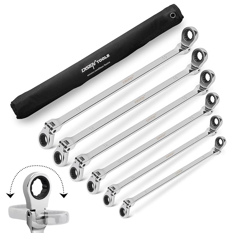 Jogo de Chaves Combinadas de Estrela com Catraca, Cabeça Flexível 180°, Aço Cromo-Vanádio, 8 a 19 mm, DISEN, 6 peças