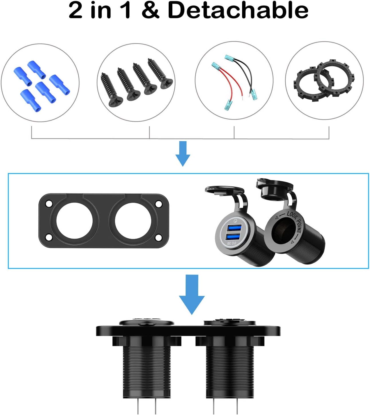 QC 3.0 USB Outlet 12V Boat Marine Waterproof Cigarette Lighter Socket Splitter 12 Volt DC Power Charger Adapter DIY Kit with Blue LED Dual USB Ports for Rocker Switch Panel on Car RV Golf Cart ATV