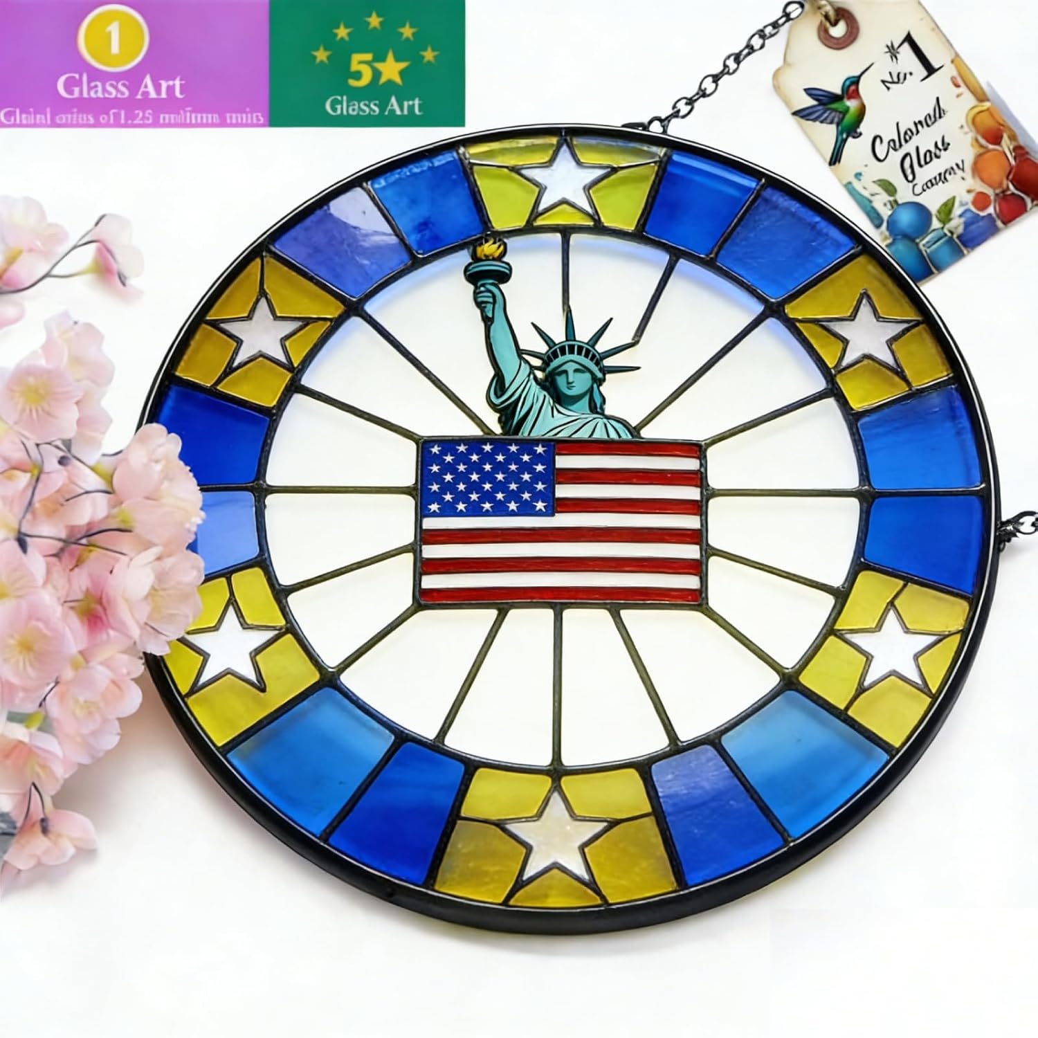 Stained Glass Sun Catcher for Windows Hanging 8IN American Flag & Statue of Liberty Suncatcher, Handmade Stained Glass Sun Catchers for 4th of July Window Glass Decoration, Indoor Outdoor Home Decor