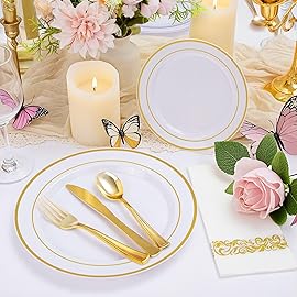Supernal 60pcs Gold Plastic Dinnerware Set Includes Gold Plastic Plates and Disposable Silverware,Disposable Party Plates and Flatware Service for 12 Guests,Perfect for Birthday,Party,Wedding