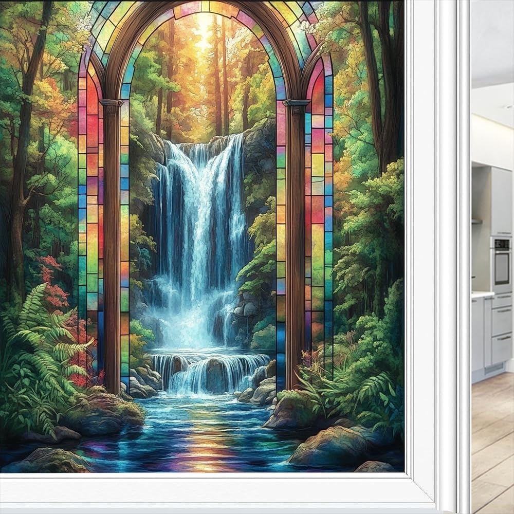 Rustic Waterfall Frosted Stained Glass Window Film - Colorful Forest Sun River Landscape Decorative Peel and Stick Adhesive Vinyl for Bathroom Privacy, Bedroom Home Decor, 35.4Wx63L inch