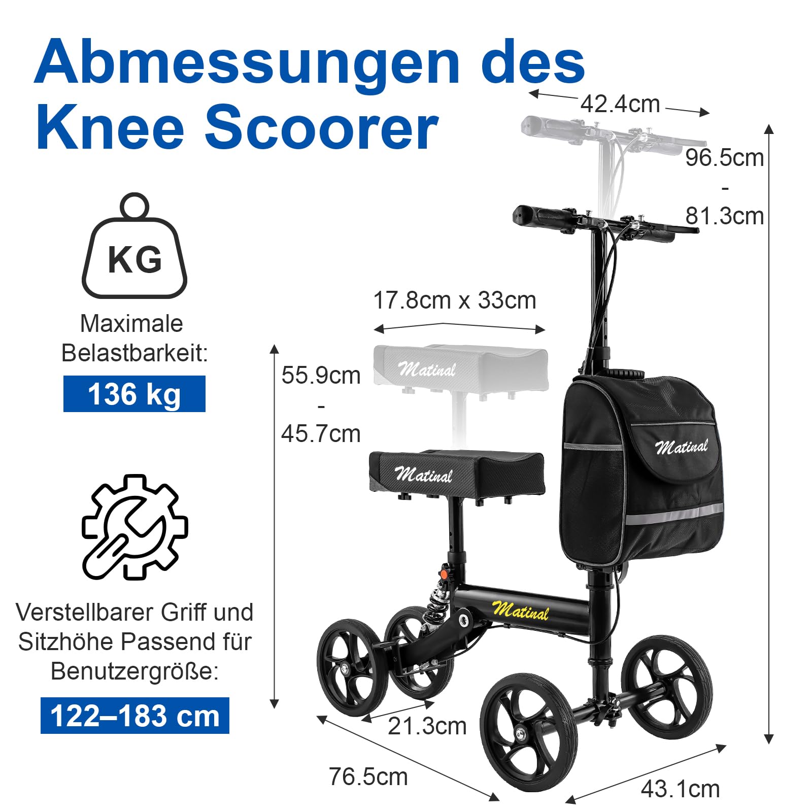 Knie Roller mit Stoßdämpfung, Krücken-Alternative 136kg, Schwarz | faltbarer Knie Roller Kohlenstoffstahl, leichter Knie Scooter nach Fuß OP, inkl. abnehmbarer Tasche & 20 cm Vorderrad
