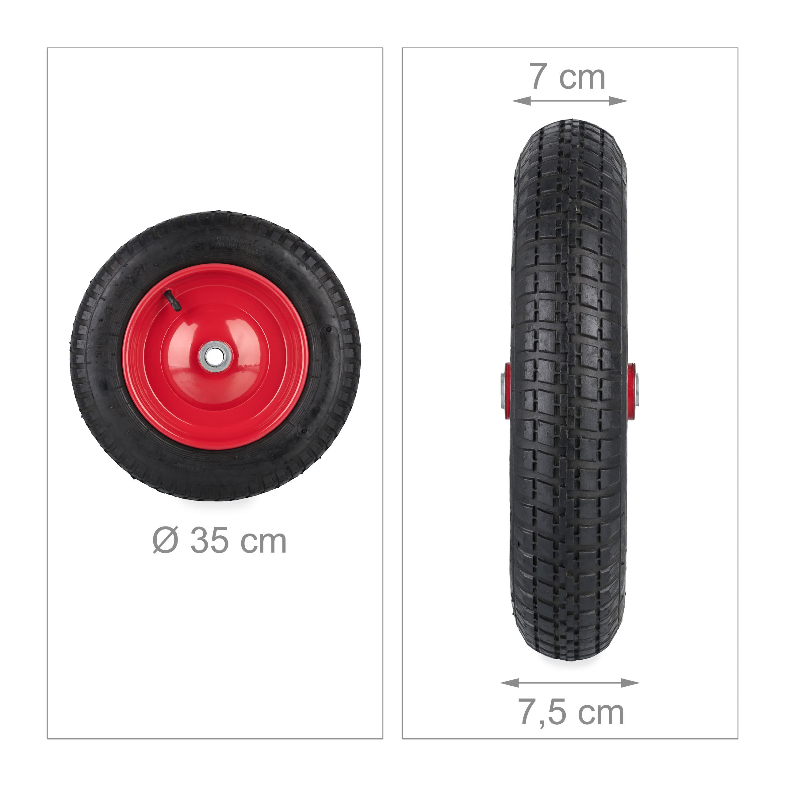 Relaxdays Roue de brouette 3.00-8, pneumatique, Jante en Acier, Charge maximale : 100 kg, avec Valve, Noir et Rouge