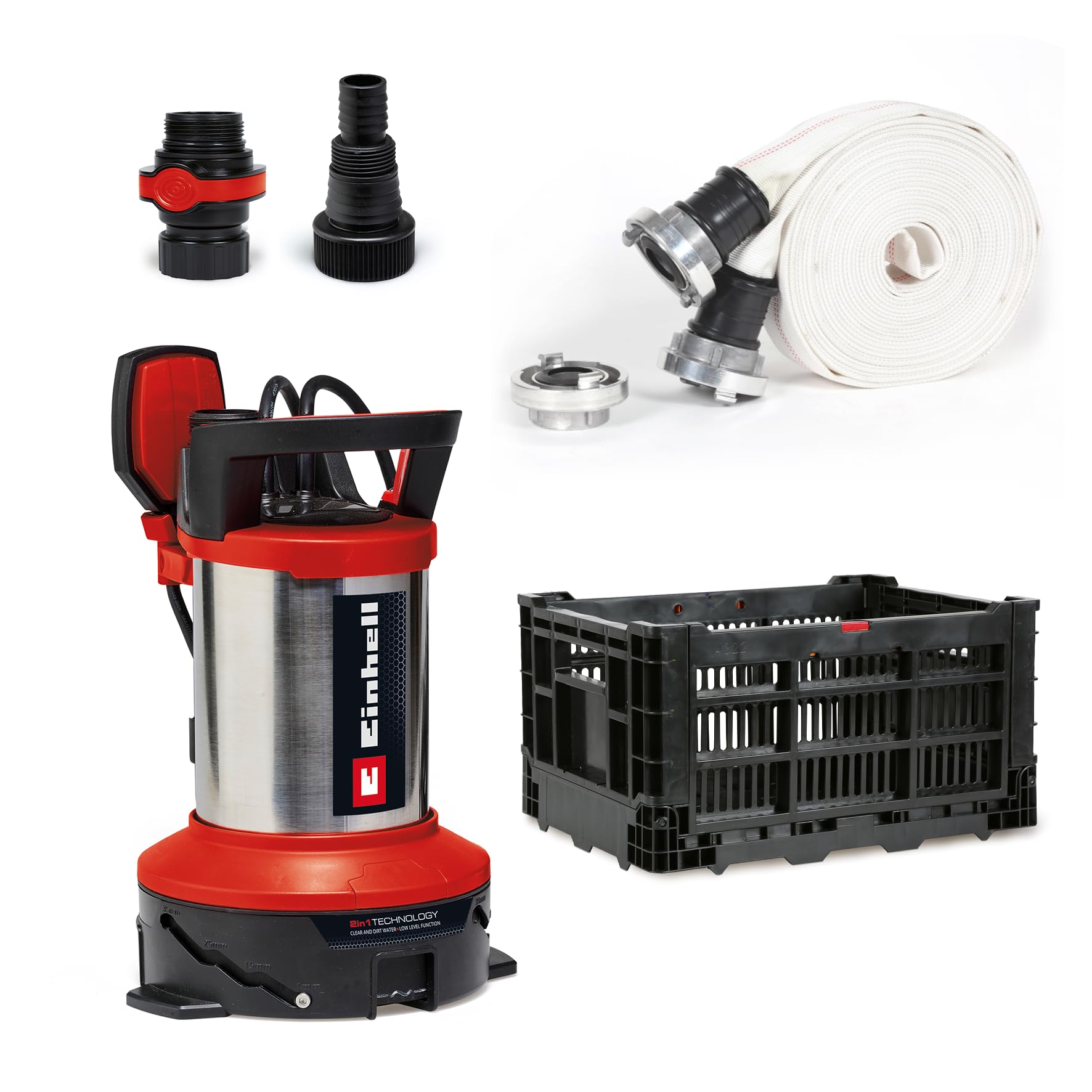Set de inundación GE-DP 7535 N LL ECO de Einhell (750 W, tamaño de partículas extrañas hasta Ø 35 mm, caudal máx. 18.500 l/h, incl. 10 m de manguera de tejido, adaptador universal, caja de plástico)