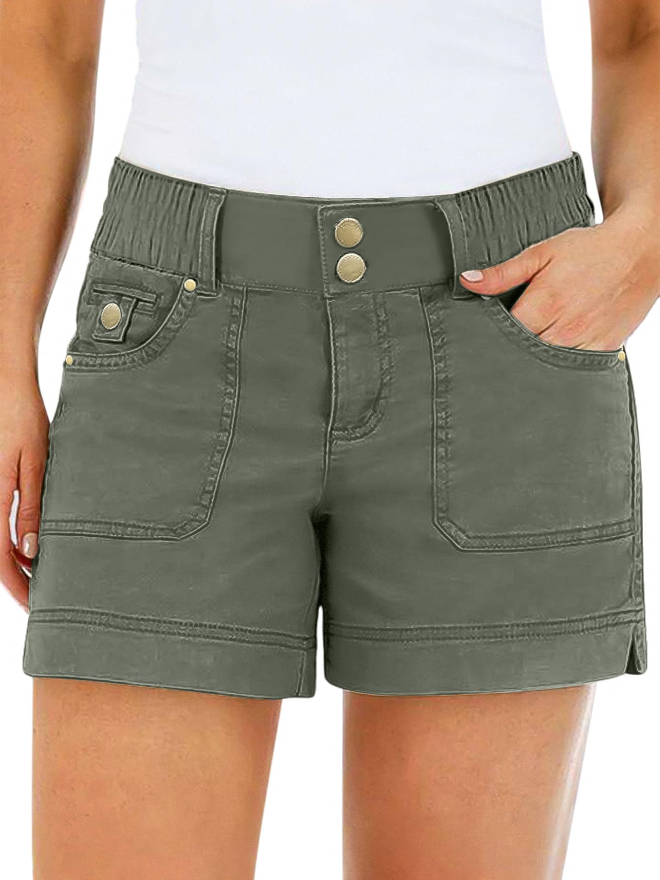 Flamingals Women's Mid Waist Solid Split Side Flap Pocket Casual Shorts