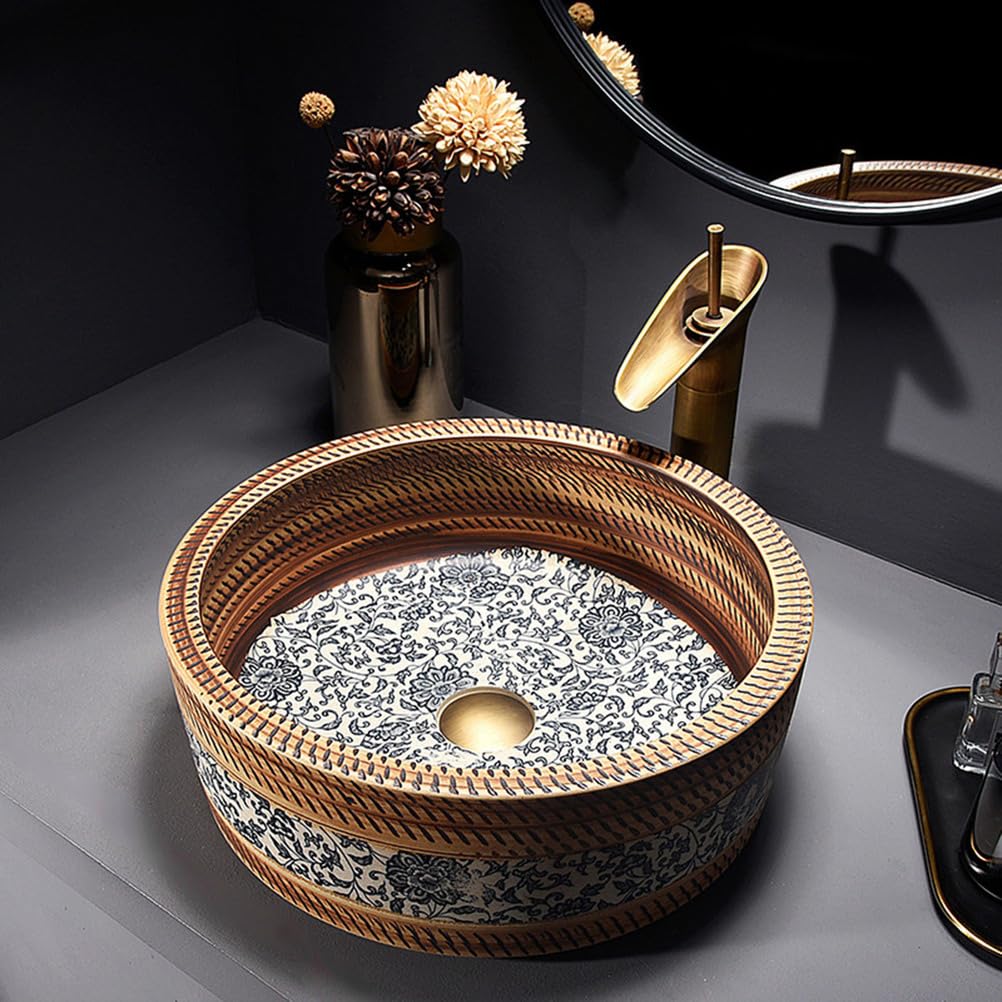 TIANQIHAO Ceramic Vessel Sink, 16 Inch Round Countertop Bathroom Sink, Retro Porcelain Vanity Sink For Cloakroom And Bathroom Use