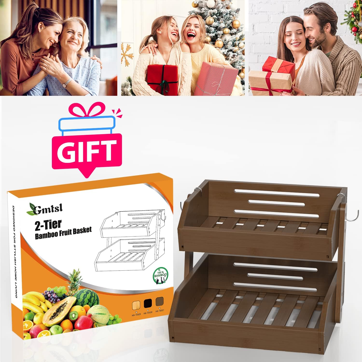 Bamboo Fruit Basket for Kitchen – 2 Tier Fruit Bowl For Kitchen Counter, Large Fruit Holder With 2 Banana Hangers, Idea For Fruit and Vegetable Storage, Bread Basket, Snack Organizer(WALNUT) - Image 7