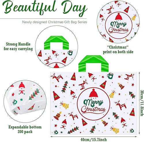 Miniatura 3 de Fulmoon 200 bolsas de regalo de Navidad, bolsa de compras de plástico para mercancías con asas, bolsas de regalo de vacaciones para golosinas, ropa,