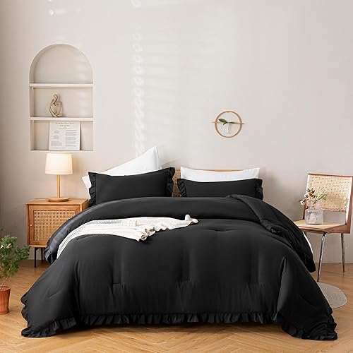 Miniatura 9 de JANZAA - Juego de 1 edredón acolchado tamaño queen y 2 fundas de almohada, con volantes, suaves, de estilo shabby chic, vintage para todas las