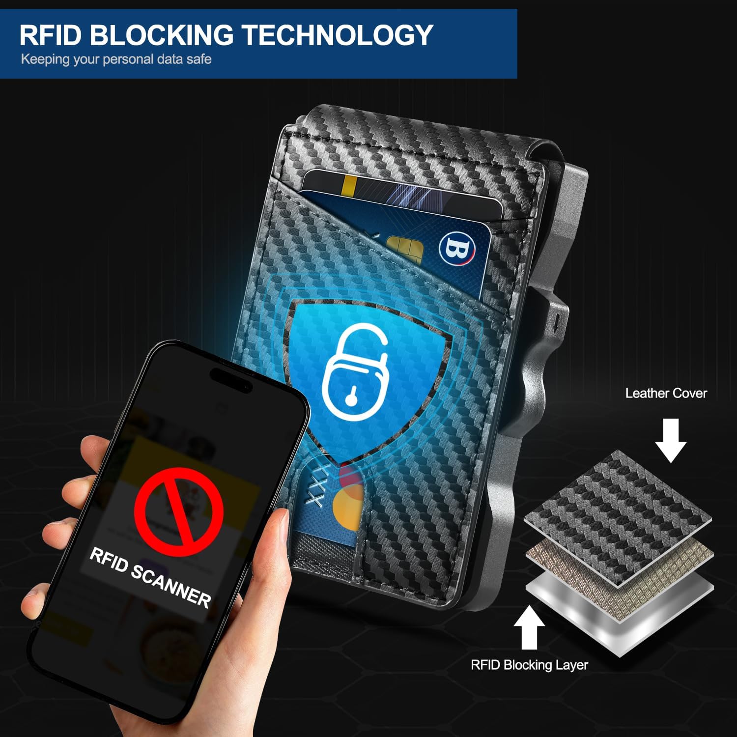 GSOIAX Wallet For Men RFID Blocking Smart Pop Up Card Wallet Money Clip ID Window Metal Aluminum Credit Card Holder Mens Minimalist 14 Cards Bifold Wallet - Image 3