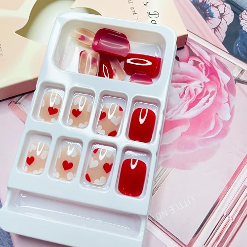 Miniatura 3 de LRKNNO Uñas postizas cuadradas cortas a presión para el día de San Valentín (24 unidades), ABS rojo, cobertura completa, acabado brillante,