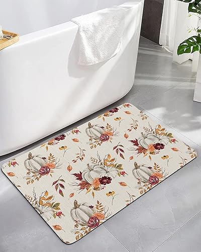 Bath Mat, Pumpkin Maple Leaves Branches Flower Fall Thanksgiving Watercolor Art Quick Dry Bathroom Rugs Non Slip Absorbent Thin Shower Rug Floor Mat