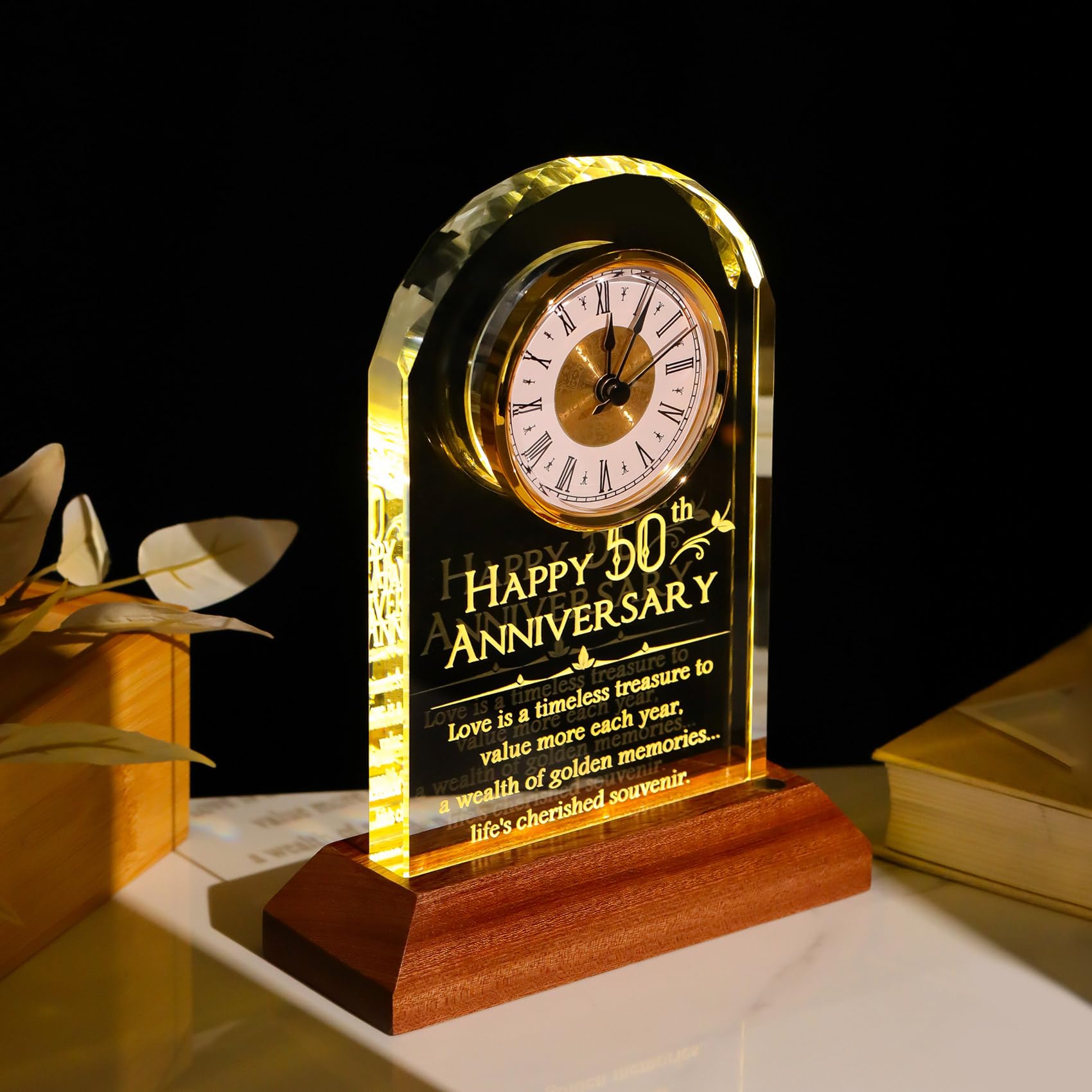 YWHL 50th Wedding Anniversary Clock Gifts for Parents Grandparents, 50 Years Anniversary Couple Gifts, Glass Table Clock Presents with Wooden Light Base for Home Decoration (Battery not Included)