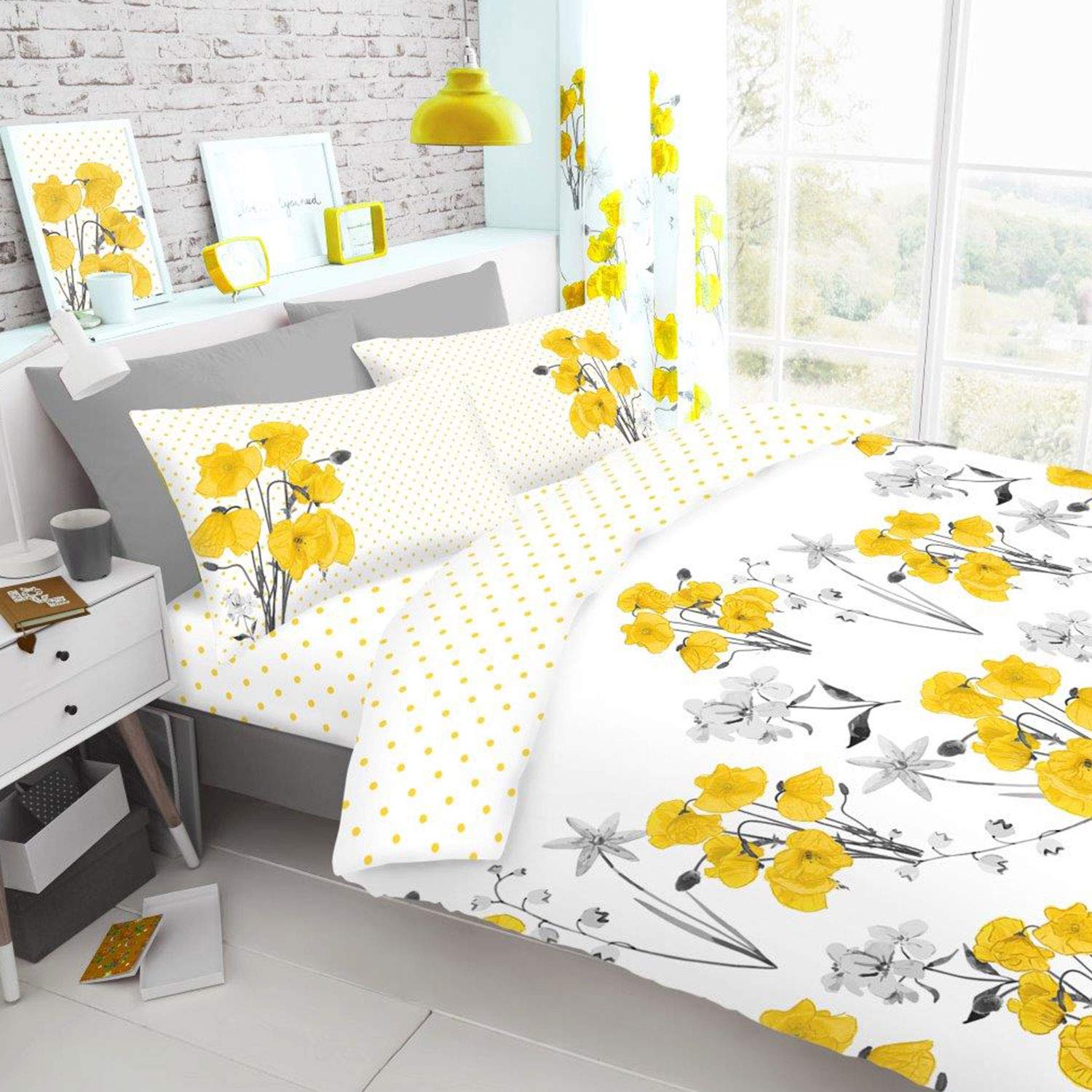 Fairwayuk Yellow Floral Bedding Set, Duvet Cover King Bed Size With Pillowcase, Ultra Soft Reversible Quilt Covers Easy Care, Button Closure, 230X220cm