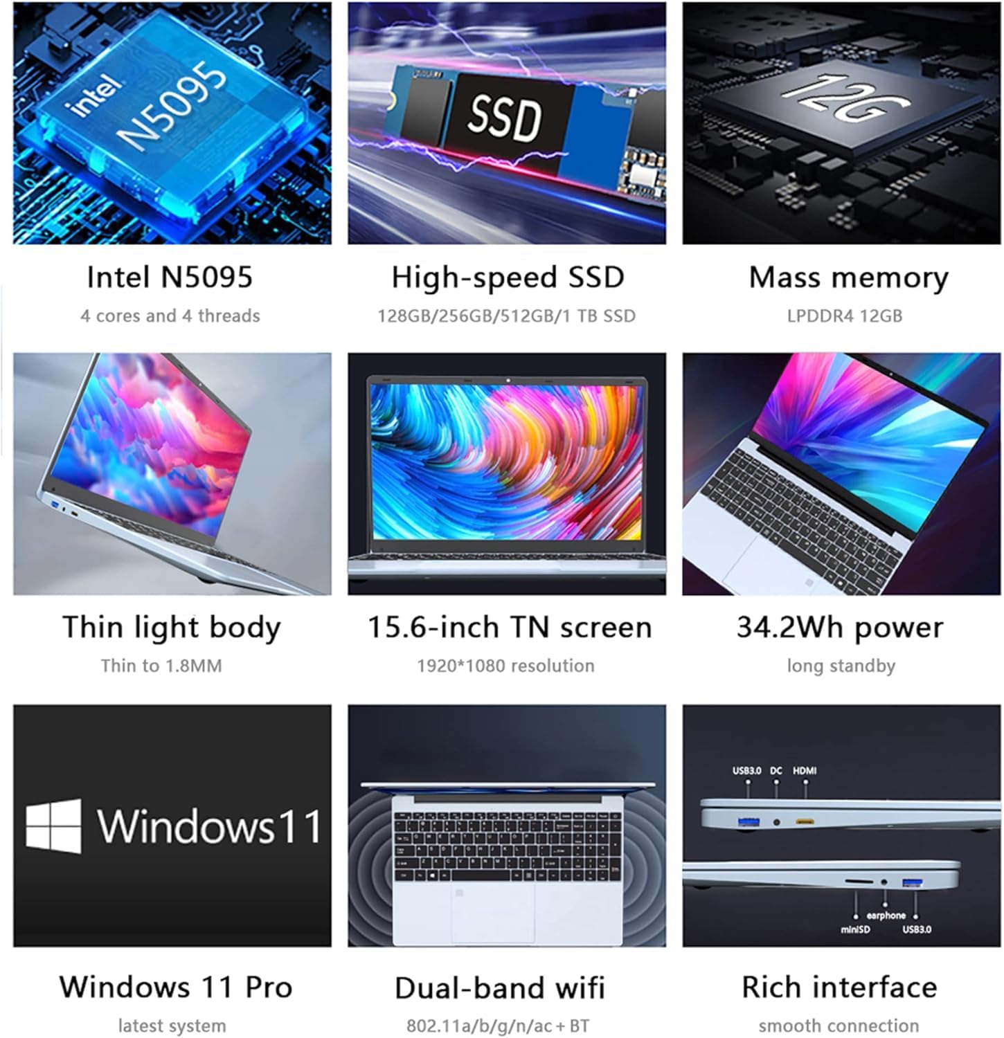 Laptop 15,6" Intel N5095 16/512 6000mAh RGB WINDOWS 11 PRO