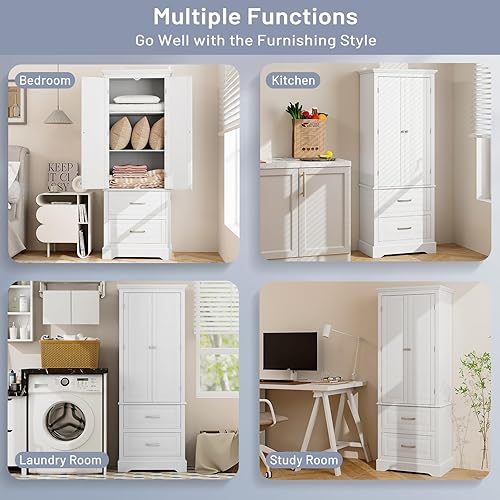 Miniatura 8 de LOKO Moderno armario alto para despensa de cocina, 62 pies de alto, blanco, grande (24 x 16 x 62 pies), 2 estantes ajustables, 2 cajones grandes,