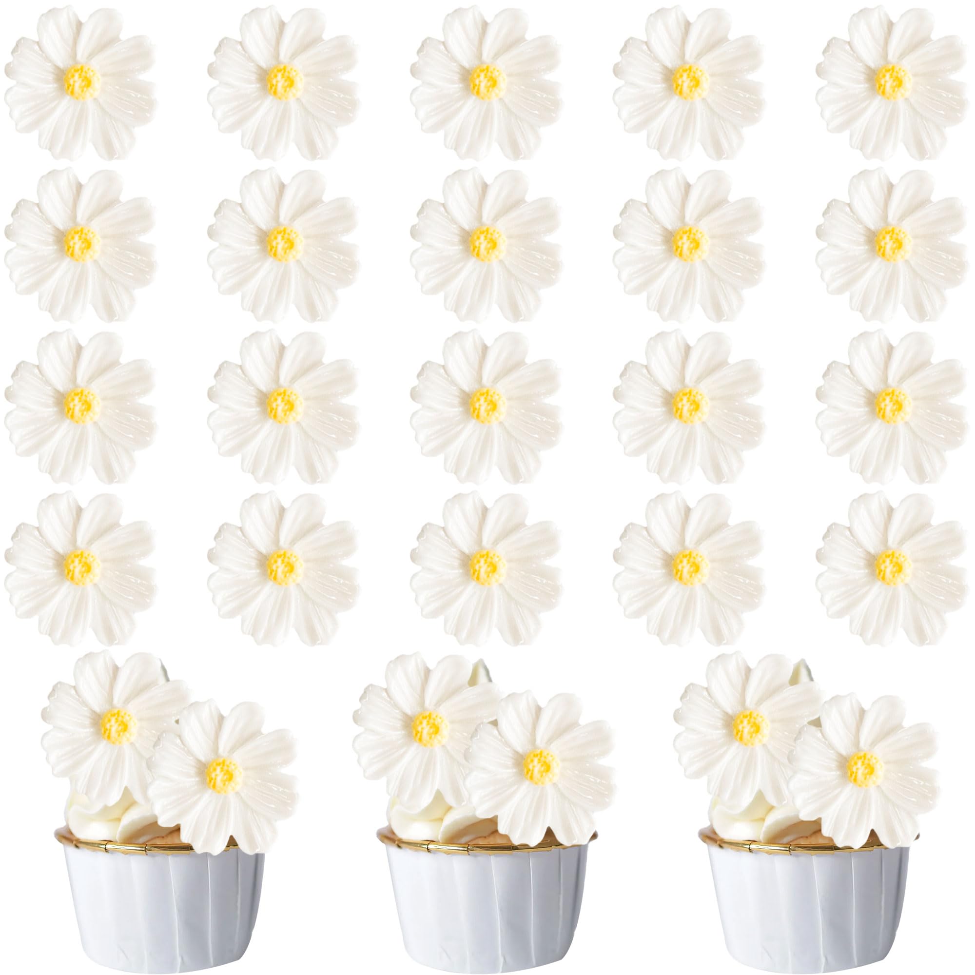 Gyufise 30Pcs Daisy Cupcake Toppers Chrysanthemum Flower Cupcake Picks Gender Reveal Cake Decorations for Baby Shower Gender Reveal Boys Girls Birthday Party Supplies White 4