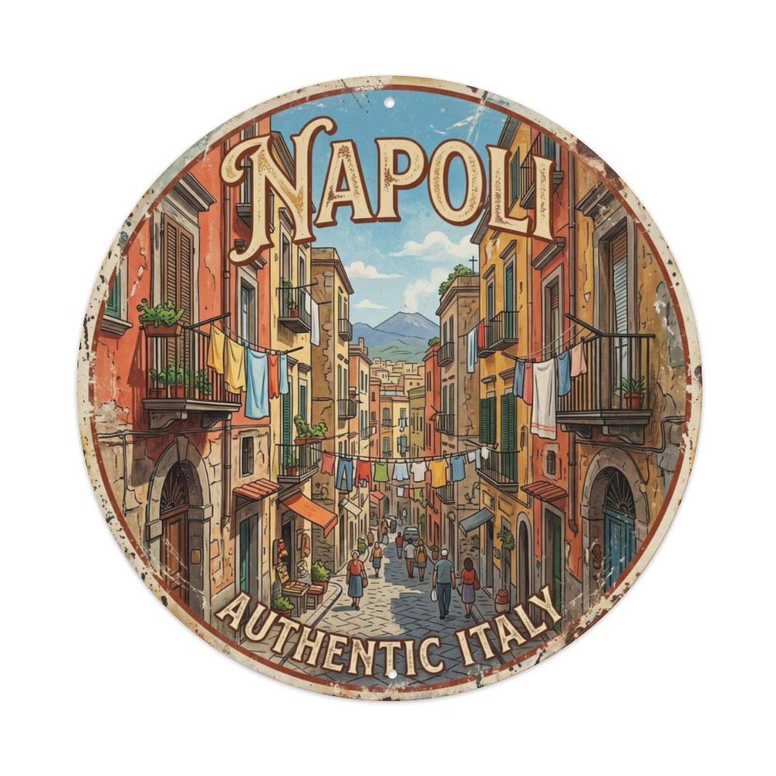 Vintage Travel Napoli Oldtown Italy Metal Tin Sign Plaque Wall Decor for Cafe, Club Bar, Office, Home Garden Round Metal Poster 8x8Inch