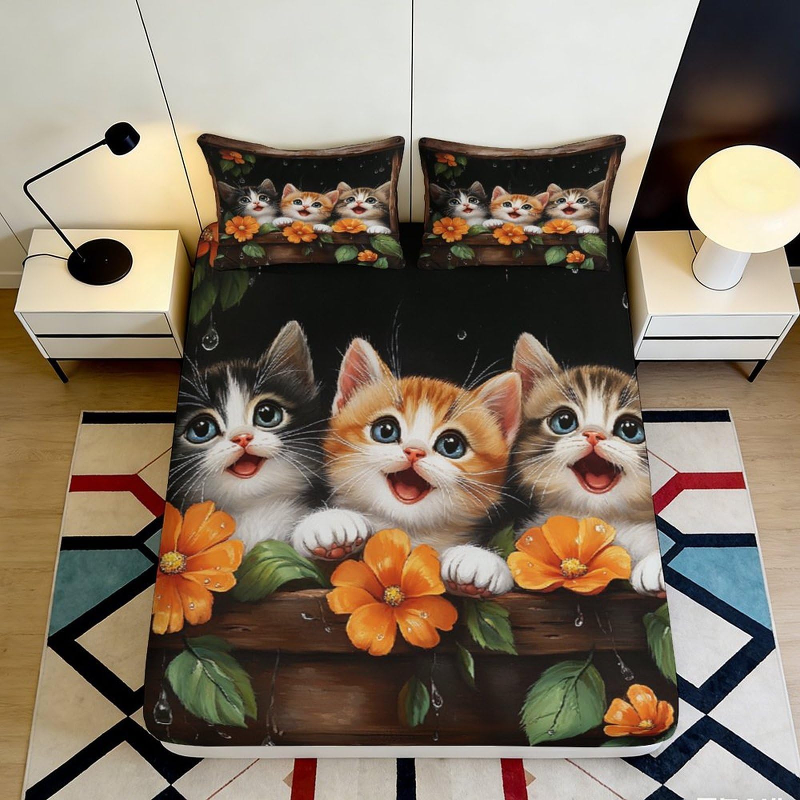 3D Printed Cute Cat Flower Fitted Sheet Microfiber Soft Breathable Kitten Bed Sheet for Bedroom Guest Room Decor 90x200x25cm