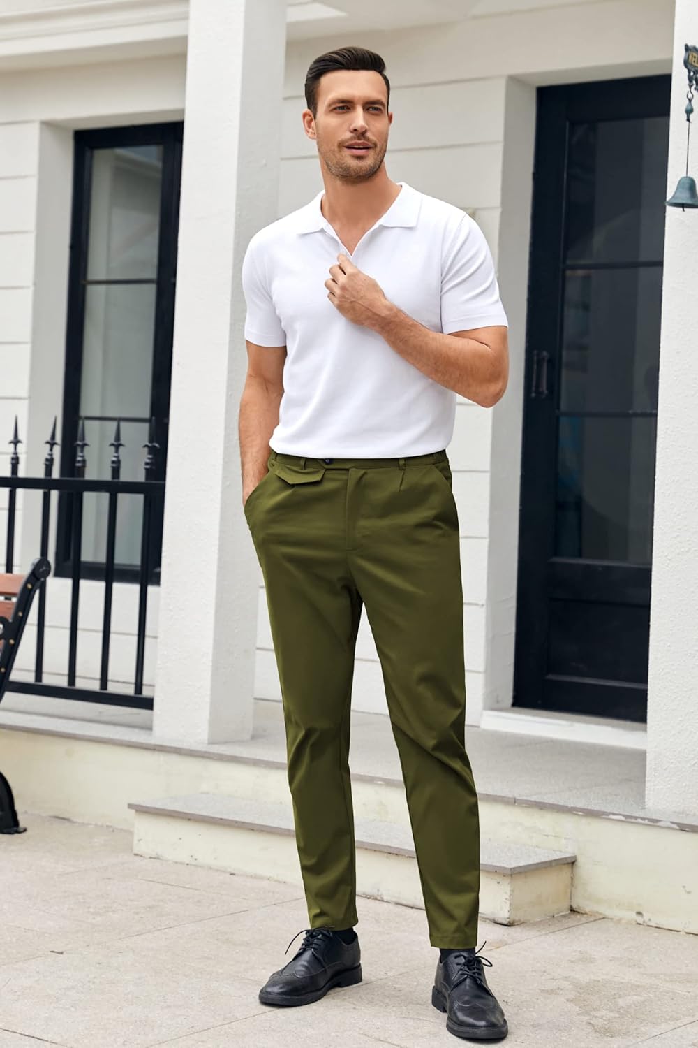 Mens Chinos Slim Fit Pants Flat Front Stretch Skinny Tapered Dress Pants Comfort Casual Solid Trousers - Image 5