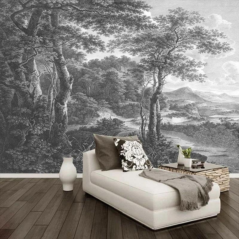 Papier peint mural 3D forêt noir et blanc auto-adhésif lavable pour salon