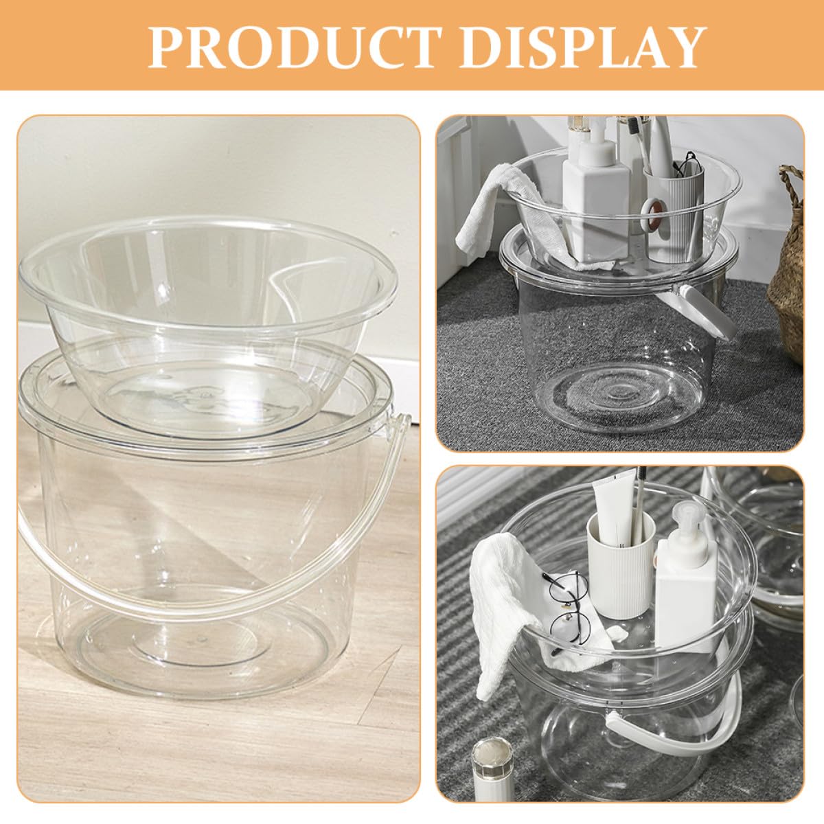 Cubo Transparente Tapa 2 Piezas para Limpieza Doméstica, Lavabo Facial y Baño, Cubo de Plástico Resistente Asa para Lavar Pies y Ropa, Organizador Multifuncional para Hogar