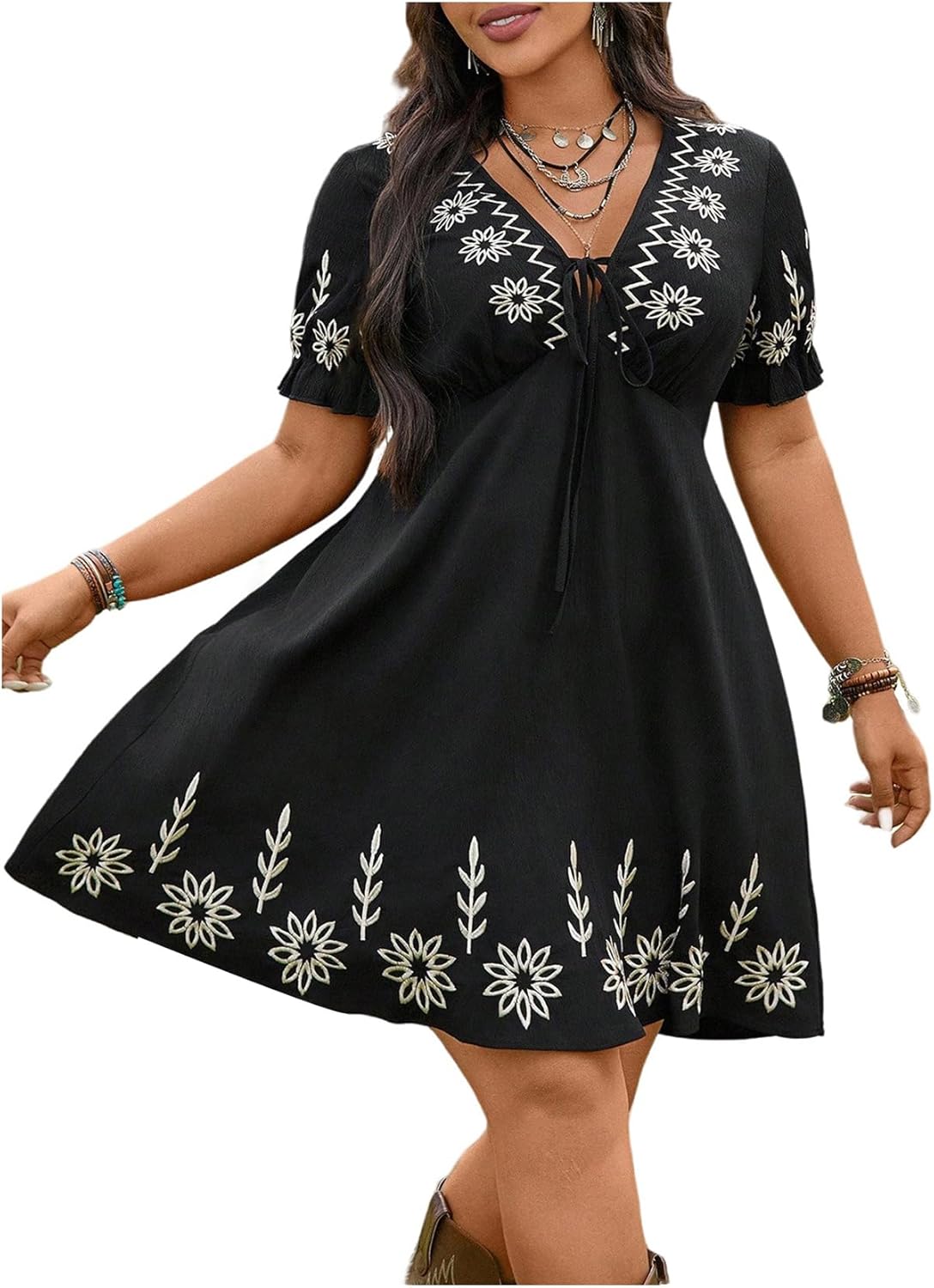 Women Plus Size Boho Western Dress Floral Embroidered Cowgirl Outfits Summer Country Flowy Dresses