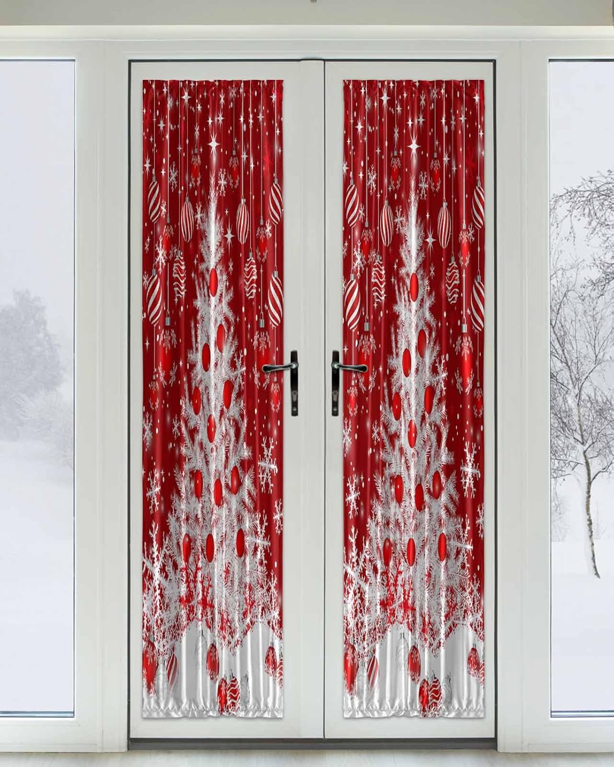 Christmas Tree Blackout Door Curtains for French, Glass,Front, Back, Patio Door, Thermal Insulated Rod Pocket Window Curtain Drapes with Tiebacks, Red Xmas Balls Star Snowflake 25"x72"