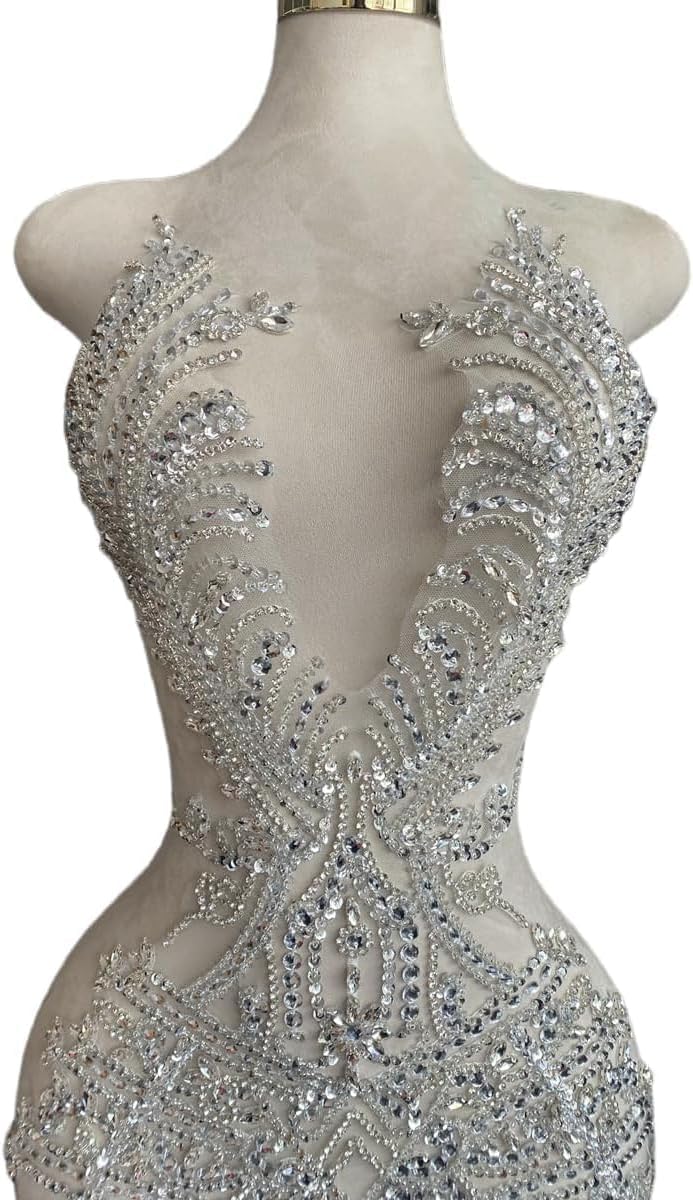 PLune Large Size Handmade Rhinestones lace Trim Patches sew on Beads Appliques for Wedding Party Evening Dress Accessories 26X14inches (Silver)