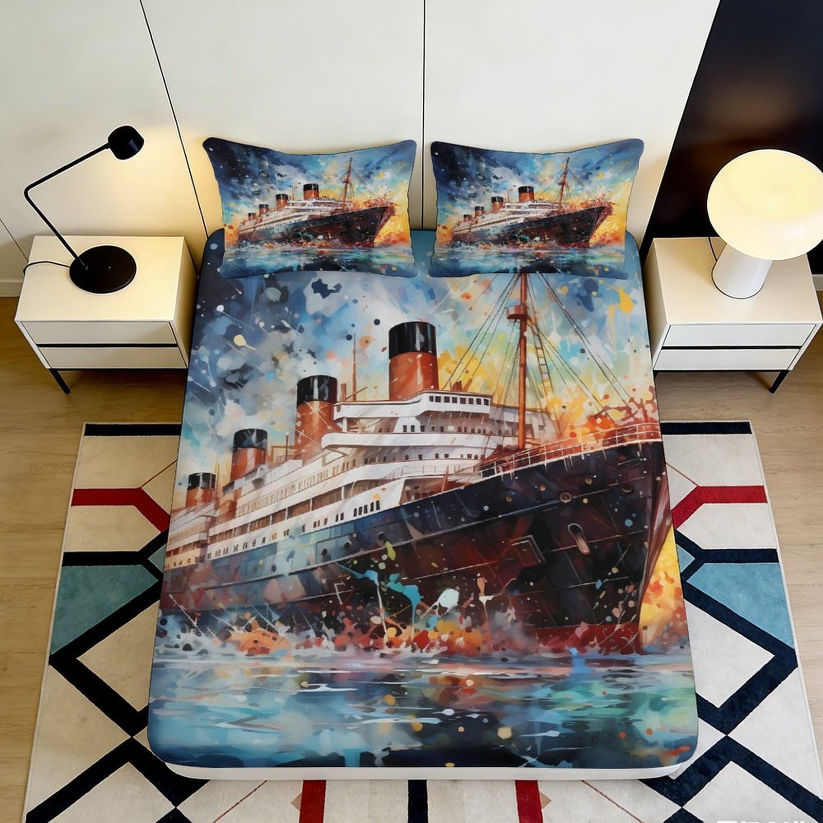3D Printed Titanic Ocean Fitted Sheet Microfiber Soft Art Ship Bed Cover for Bedroom Guest Room Mattress Decor 90x200x25cm