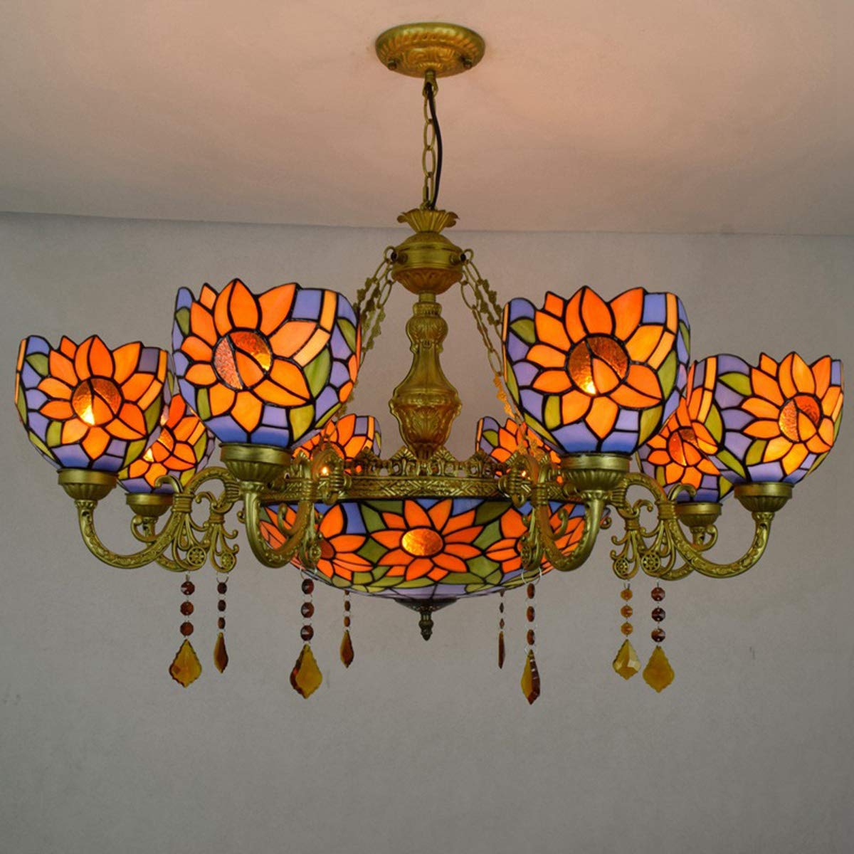 Żyrandol w kształcie słonecznika w stylu Tiffany'ego Ręcznie robione witraże Lampy wiszące Vintage duszpasterski kwiatowy żyrandol z wieloma głowicami do jadalni Salon Sypialnia (8 ramion)