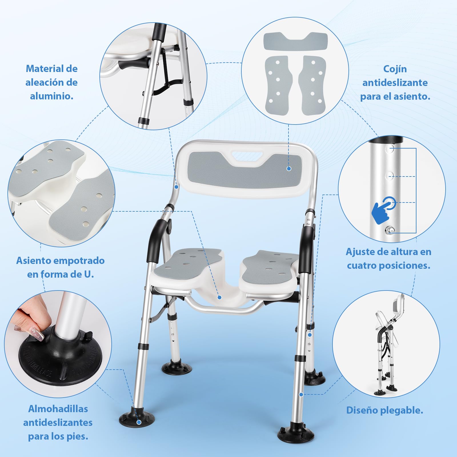DEWEL Silla para Ducha para Personas Mayores, Silla Ducha Plegable (Gris) | con Respaldo y Brazos, InstalacióN Sin Herramientas, con Ranuras, Altura Ajustable, Capacidad de Carga 150 Kg