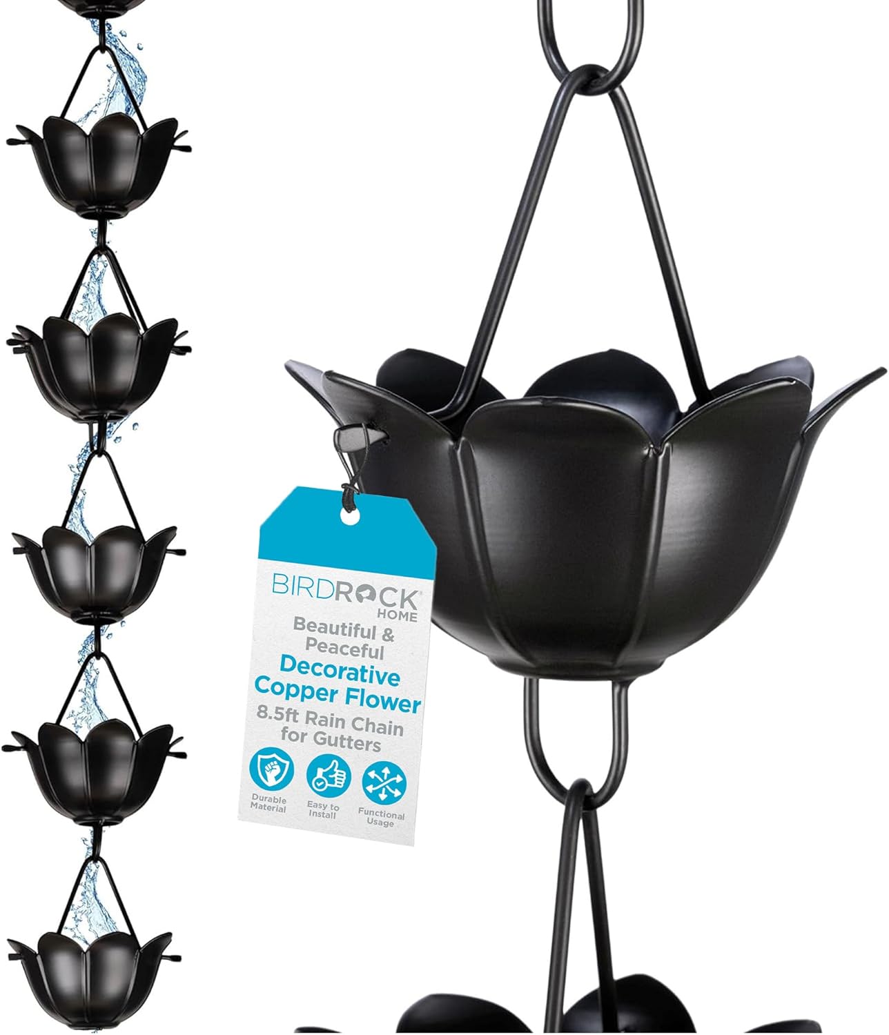 BIRDROCK HOME Rain Chains for Gutters | Heavy Duty Downspout Alternative | Adapter & Catcher | Powder Coated Aluminum | Chimes & Extensions | 8.5 ft - Decorative Copper Flower Design | Matte Black