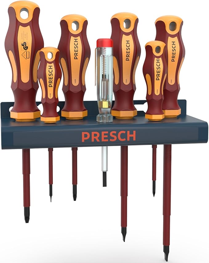 Presch set da 7 cacciaviti VDE da elettricista - Set di giravite isolati con cercafase e supporto da parete