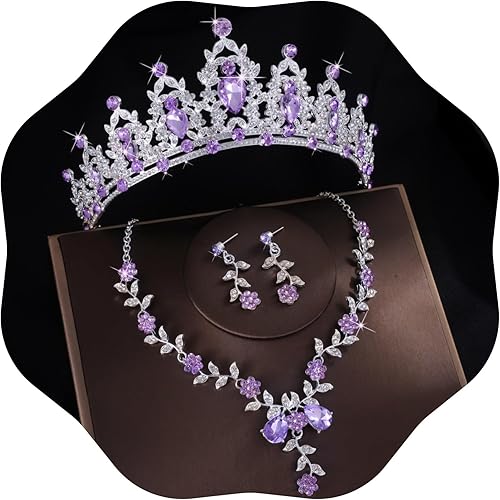 Kamirola - Tiaras de corona para mujer, conjunto de tiara, aretes y collar de cristal para novia, fiesta de disfraces, Halloween, graduación,