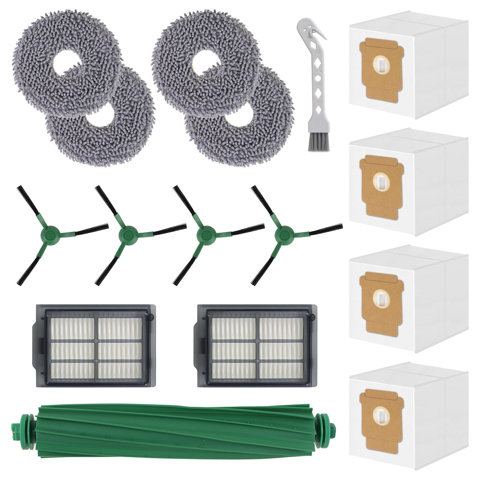 Spofan Zubehör Ersatz für iRobot Roomba Plus 405 Combo/505 Combo Saugroboter, 1 Hauptbürste, 2 Filter, 4 Seitenbürsten, 4 Mopp Wischtücher, 4 Staubbeutel, 1 Reinigungsbürste