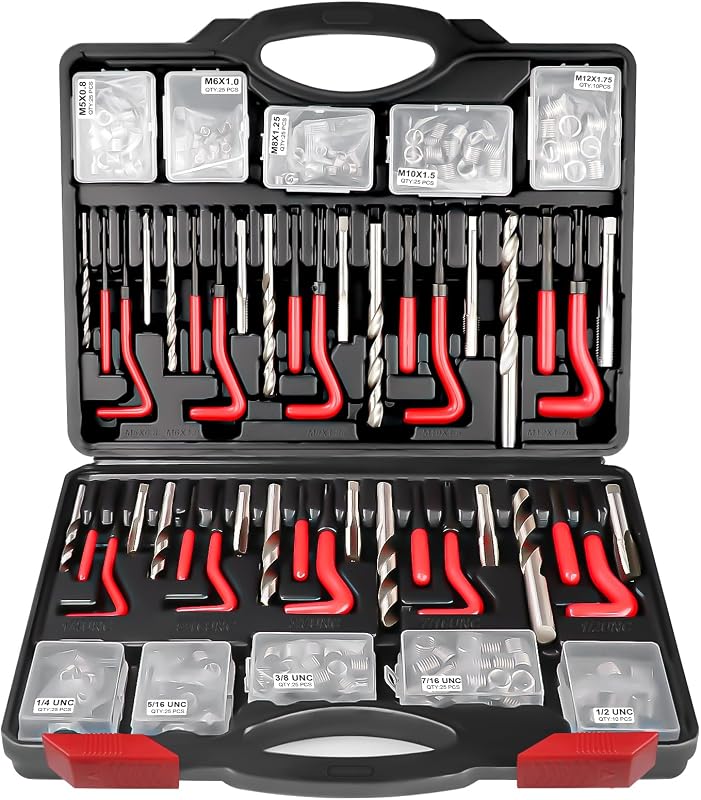 AJulyBee Kit de reparación de roscas helicoil de 261 piezas, herramienta de reroscado métrico y SAE | Kit de varios tamaños con brocas HSS, insertos, grifos, herramientas de rotura para motores automotrices, bujías y reparación de pernos prisioneros