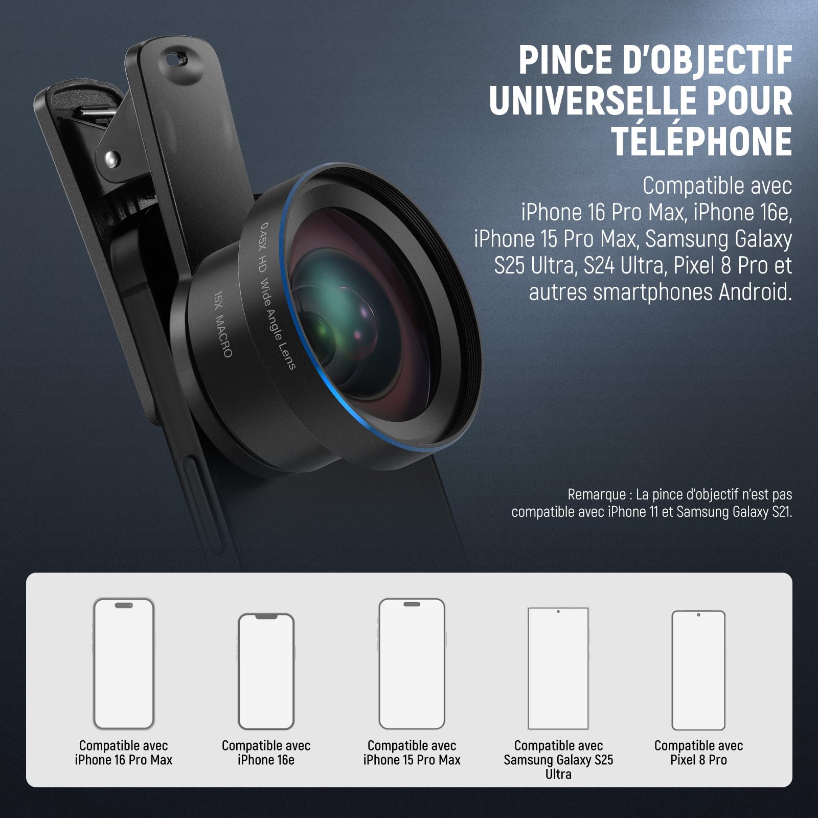 NEEWER BASICS Kit d'accessoires 2 en 1 pour objectif d'appareil photo de téléphone,grand angle HD 0,45x + macro 15x,pince d'objectif 37 mm,compatible avec iPhone,Samsung et Android,LS-67