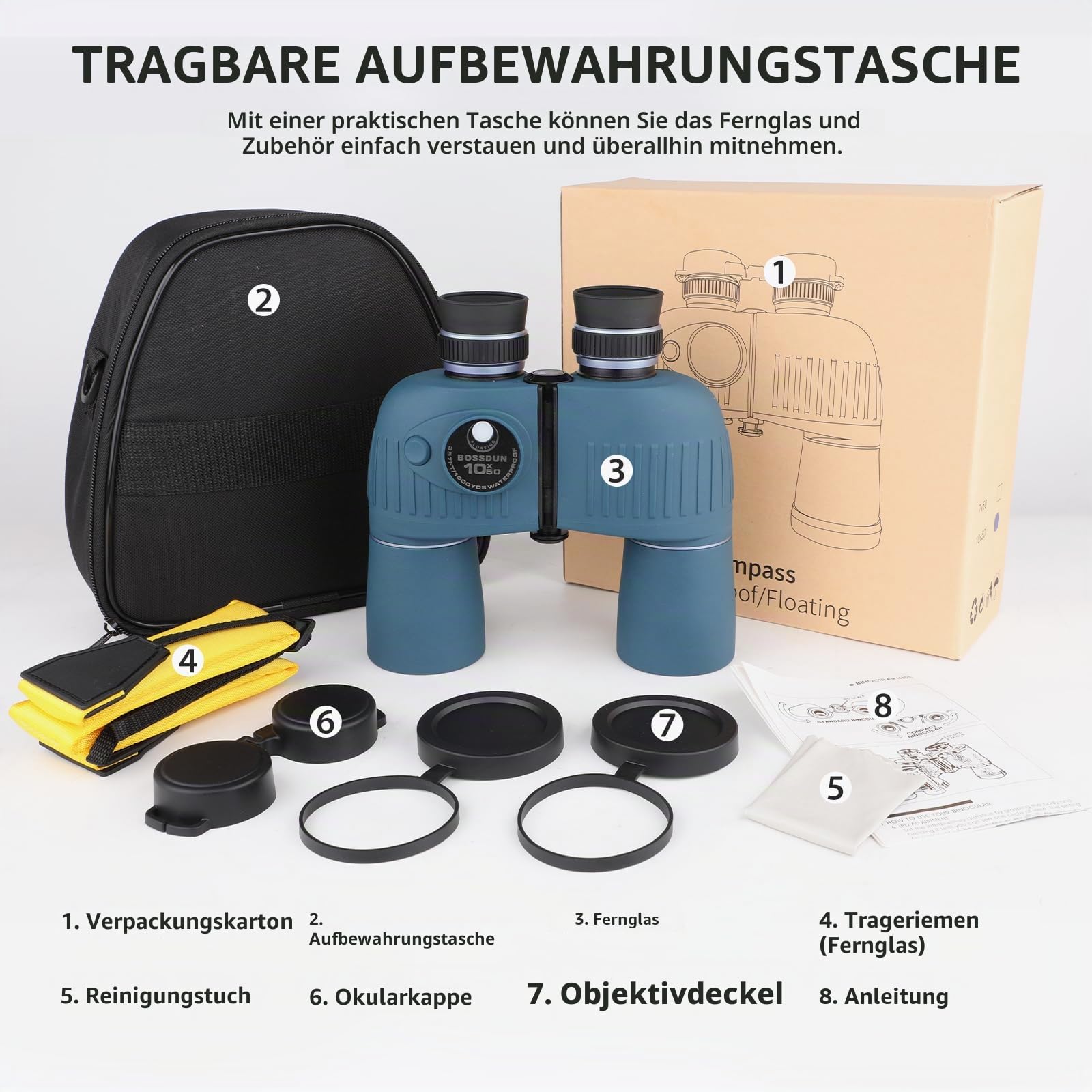 10x50 Marine Fernglas mit beleuchtetem Entfernungsmesser und Kompass, IPX7 wasserdicht, BAK4-Prismen, inklusive Trageriemen und Tragetasche (Blue)